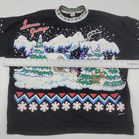 Vintage 90s Black Ugly Christmas Sweatshirt Puff Print Seasons Greetings sz L - Picture 6 of 11